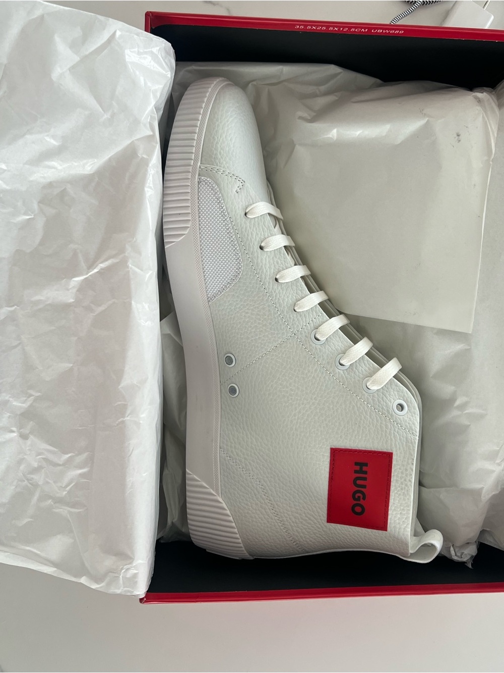 HUGO White High-Top Sneaker with Red Logo Patch